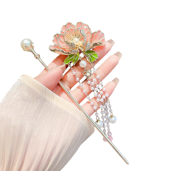 The Dancing Peony's Embrace: Hairpin of Flowing Tassels