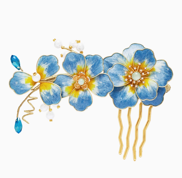 Whispers of Sapphire Bloom: An Elegant Blue Velvet Hair Comb