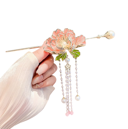 The Dancing Peony's Embrace: Hairpin of Flowing Tassels