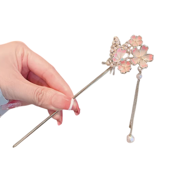 Eternal Blossom, Butterfly's Embrace: Antique Chinese Floral Pearl Butterfly Adorned Hairpin / Hair stick