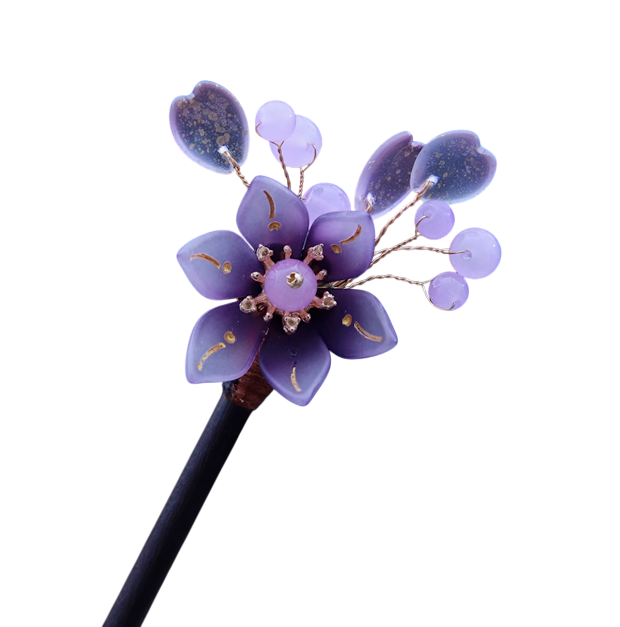The Lavender Dream Weaver: A Luxuriant Wooden Hairpin Adorned with Delicate Purple Blossoms
