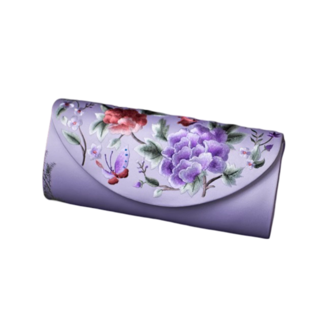 Ephemeral Blossom: Embroidered Silk Clutch with Floral Butterflies