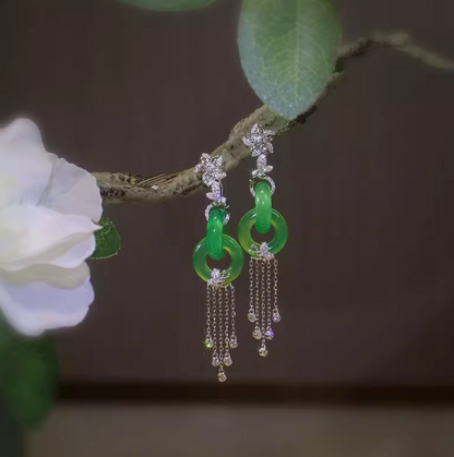 Imitation Jadeite Floral Peace Coin Earring with Tassel