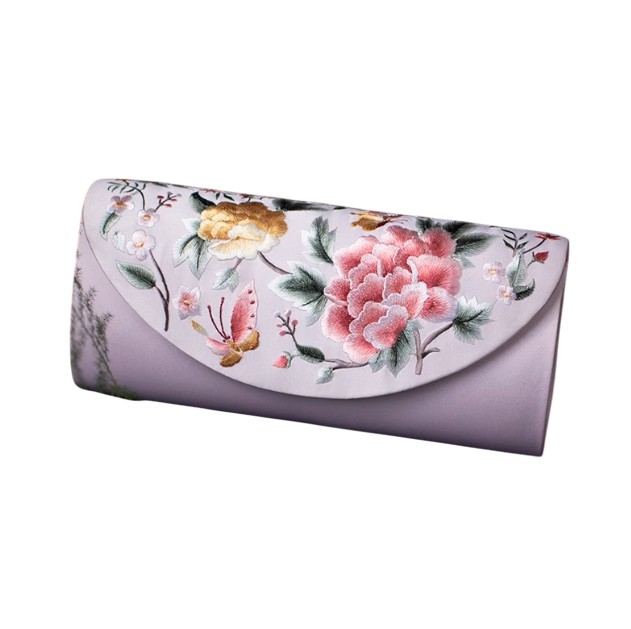 Ephemeral Blossom: Embroidered Silk Clutch with Floral Butterflies