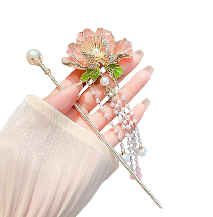 The Dancing Peony's Embrace: Hairpin of Flowing Tassels