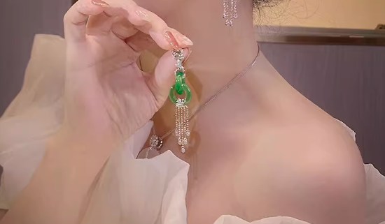 Imitation Jadeite Floral Peace Coin Earring with Tassel