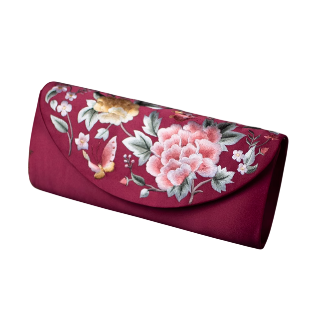 Ephemeral Blossom: Embroidered Silk Clutch with Floral Butterflies