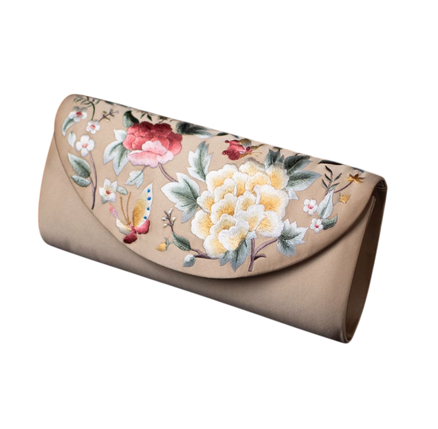 Ephemeral Blossom: Embroidered Silk Clutch with Floral Butterflies