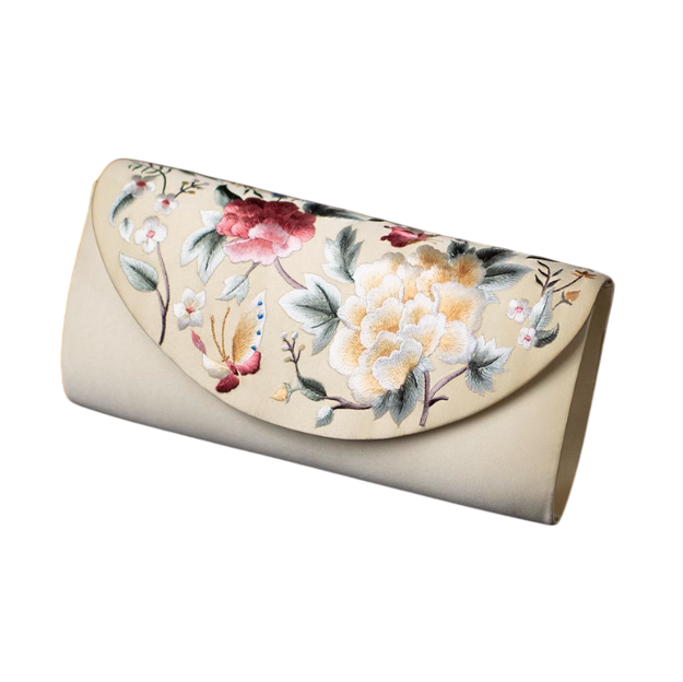 Ephemeral Blossom: Embroidered Silk Clutch with Floral Butterflies
