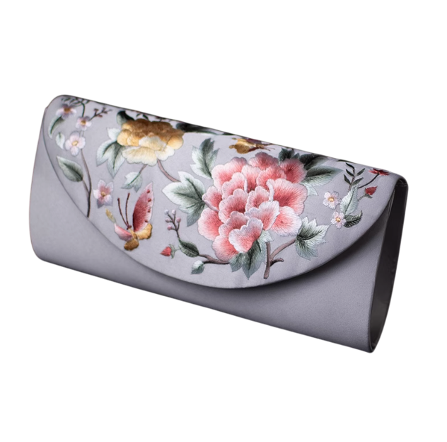 Ephemeral Blossom: Embroidered Silk Clutch with Floral Butterflies